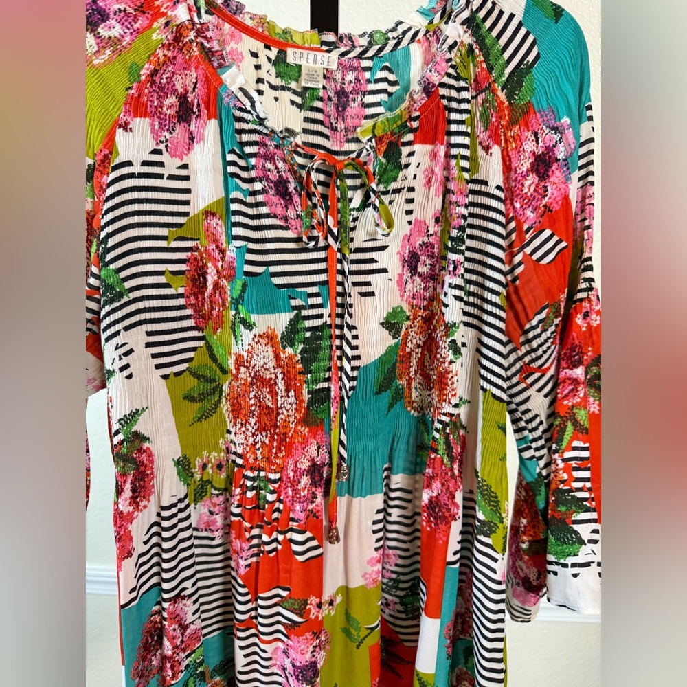 Bohemian Bright Floral Tunic Top Lightweight Stretch Blouse Ruffle Modest Office - Picture 4 of 11
